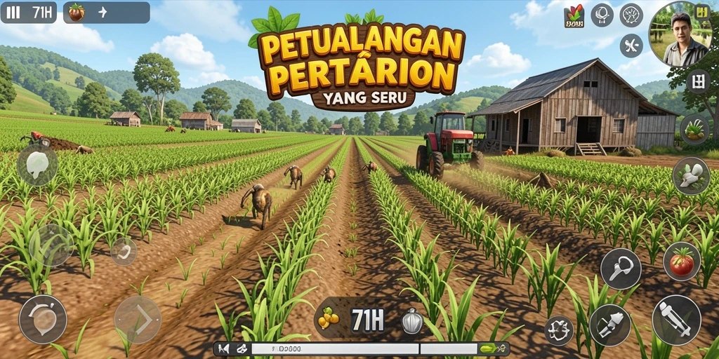 Screenshot gameplay 71H menampilkan kebun yang subur dan aktivitas bertani.