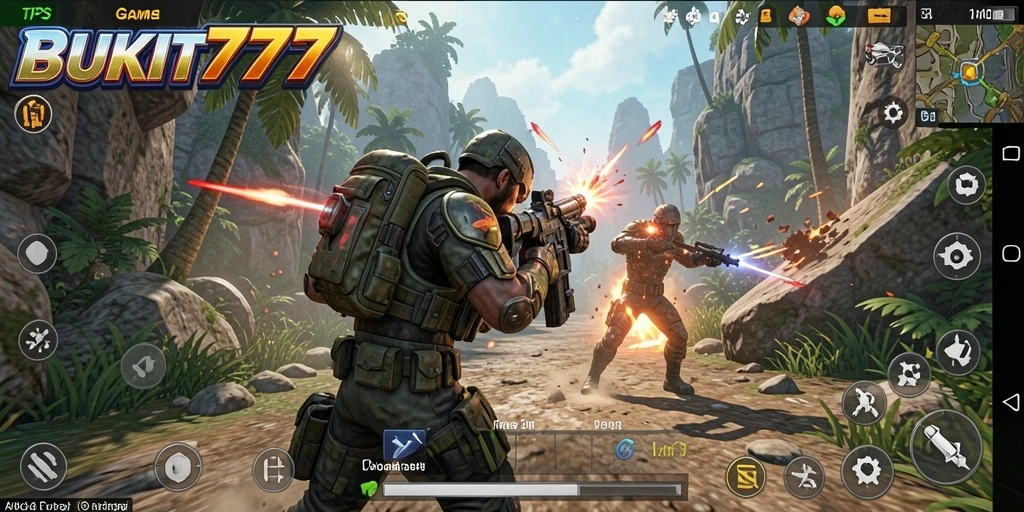 Screenshot utama BUKIT777 menunjukkan aksi gameplay TPS yang mendebarkan.