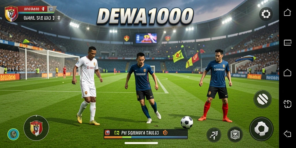 Screenshot DEWA1000 menampilkan aksi seru di lapangan sepak bola.