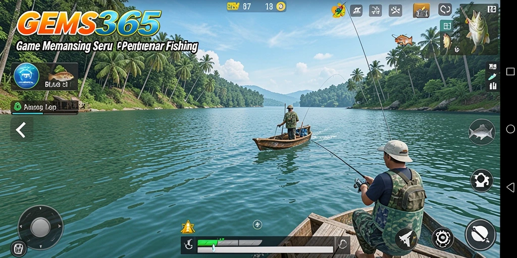 Screenshot GEMS365 menunjukkan aksi memancing di danau yang indah.