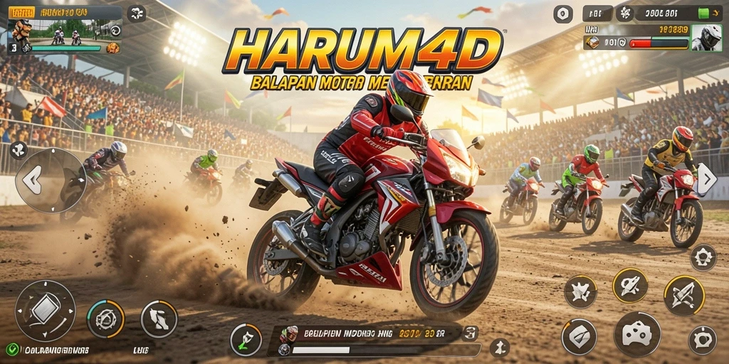 Screenshot gameplay <strong>HARUM4D</strong> menunjukkan aksi balapan motor yang mendebarkan.