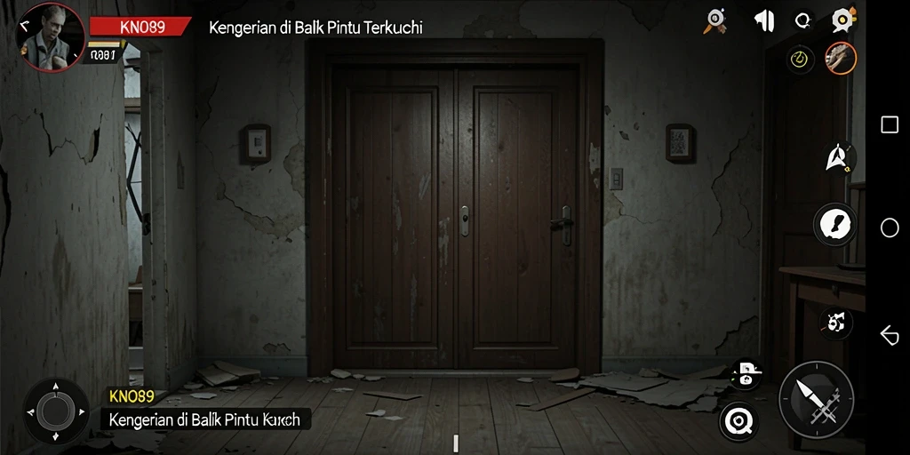 Screenshot gameplay KNO89 menampilkan suasana mencekam di ruang gelap.